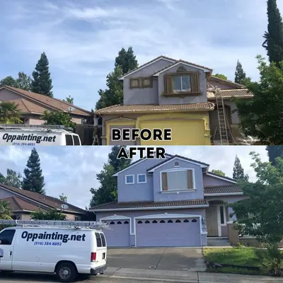Before and after of a two-storey Roseville home. In the before, the walls are part-primed and the garage doors are papered off behind a ladder; in the after, the stucco is finished in pale lavender with white window trim and matching garage doors.