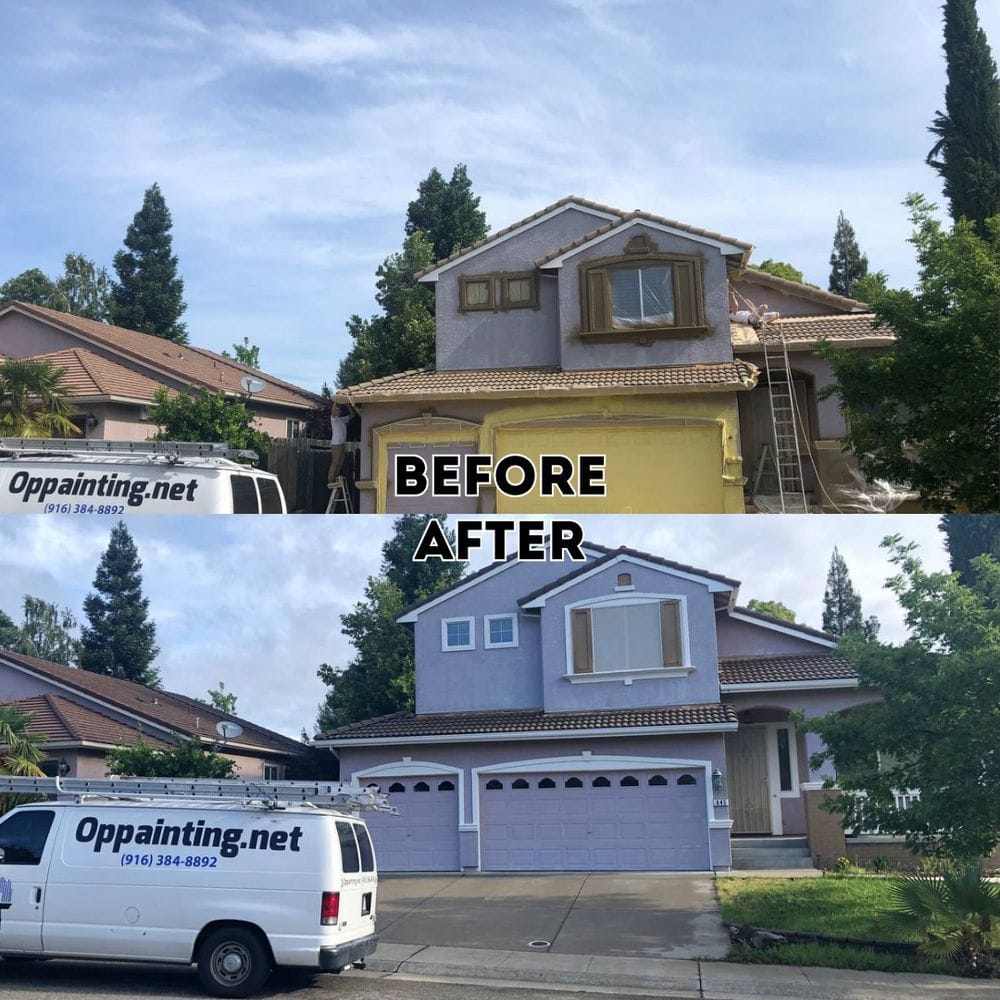 Before and after of a two-storey Roseville home. In the before, the walls are part-primed and the garage doors are papered off behind a ladder; in the after, the stucco is finished in pale lavender with white window trim and matching garage doors.