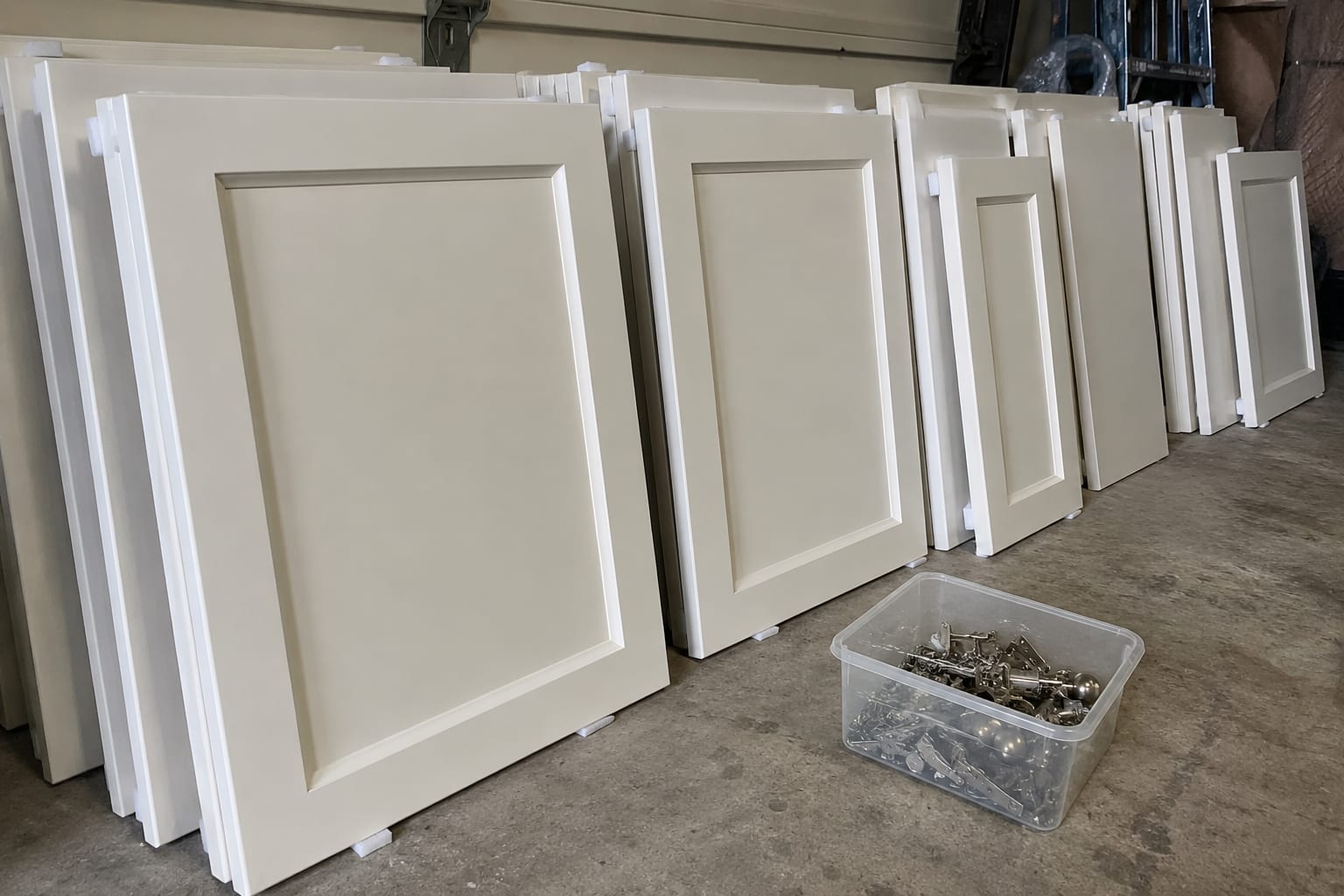 Painted cabinet doors standing on edge in a row on a garage floor while the finish hardens, with a tub of hinges and handles on the floor beside them.