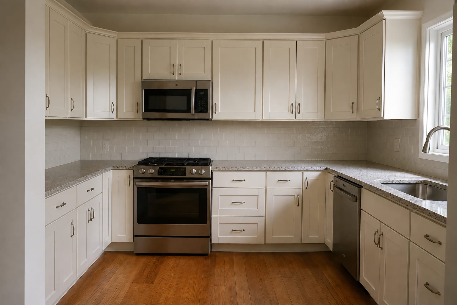A finished kitchen with cream-painted cabinet doors and drawer fronts on the upper and lower runs, stainless oven, microwave and dishwasher back in place, granite worktops and a wood floor.