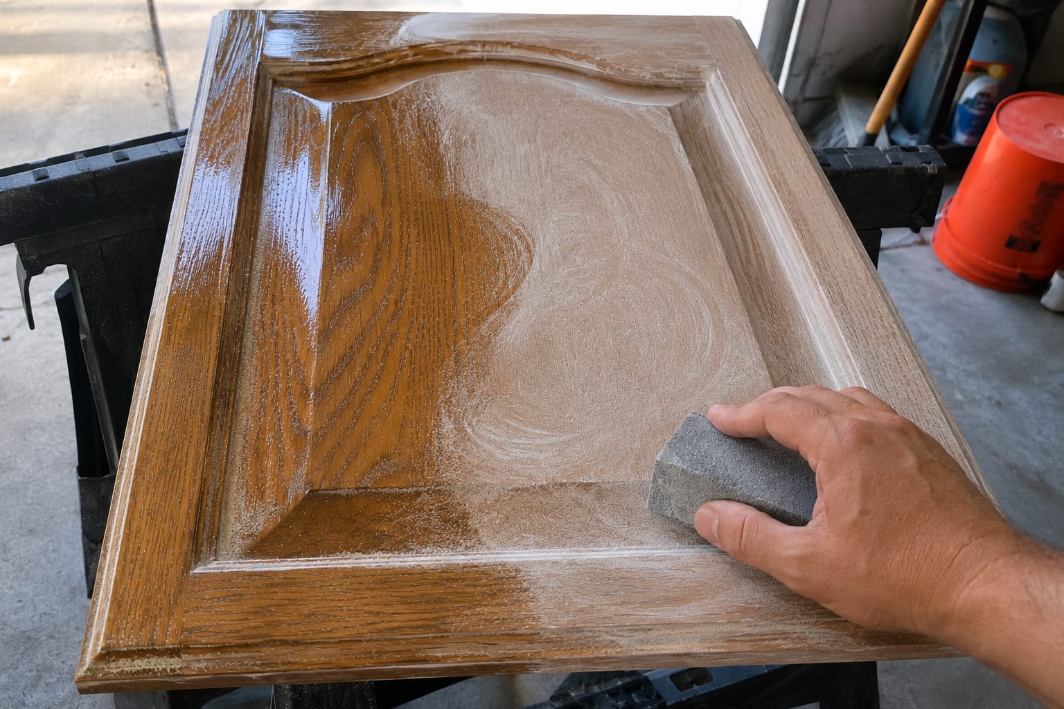 A cabinet door lifted onto a workbench and scuff-sanded by hand with a sanding block, its varnished surface dulled to a chalky matte and covered in fine sanding dust.