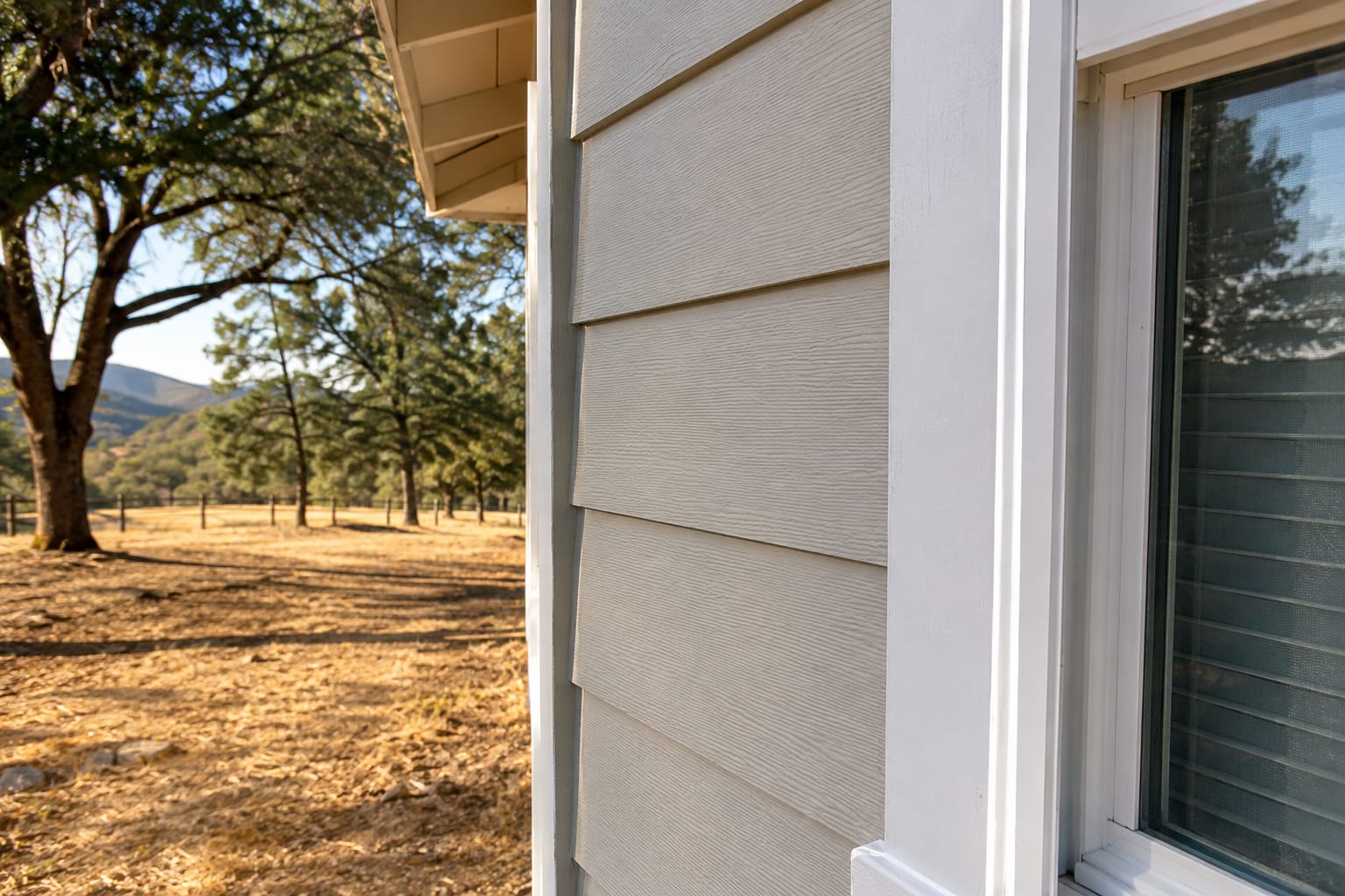 Freshly painted lap siding and window trim on a house, with oak trees and dry summer grass on open ground behind it.